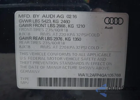 2016 Audi Q5 2.0T Premium z USA, uszkodzony, nr VIN WA1L2AFP4GA105768